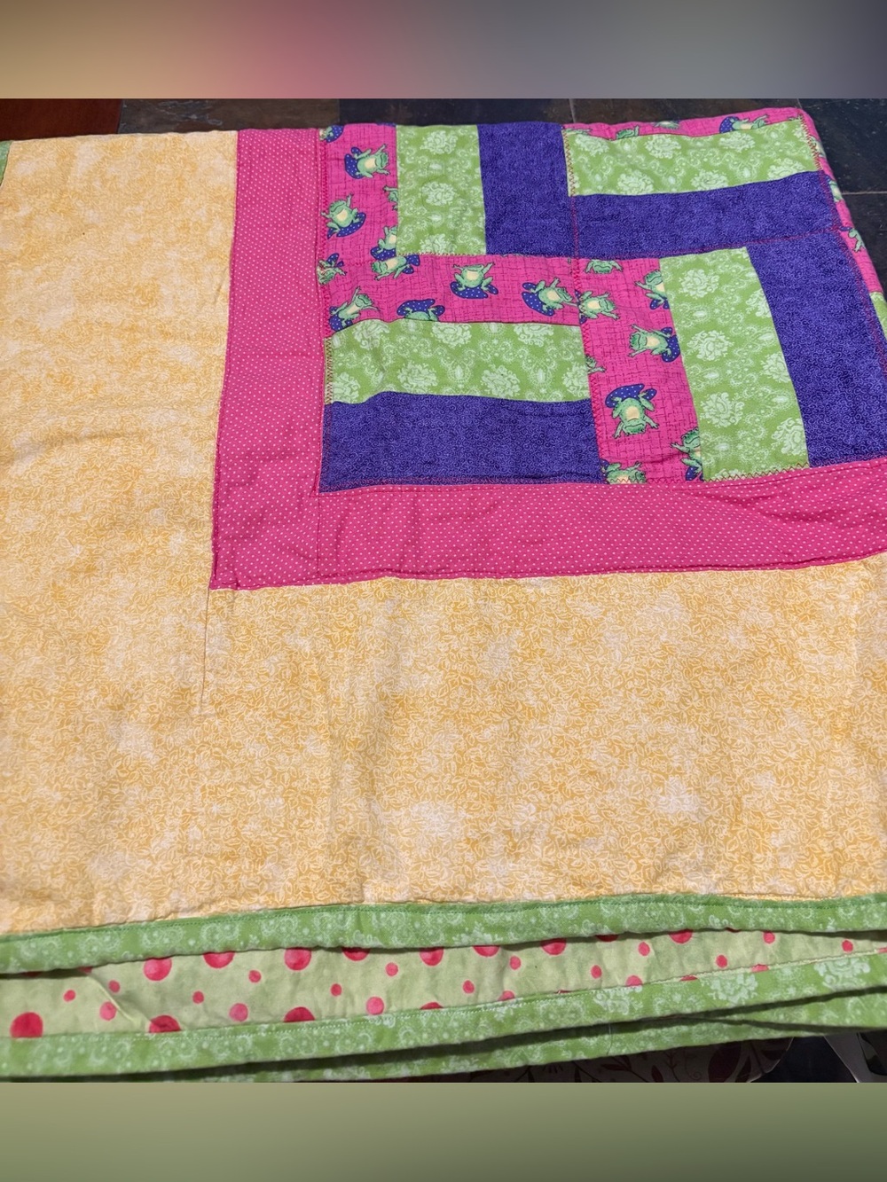 Colorful Frog Patchwork Quilt - Yellow, Pink, Green, Purple